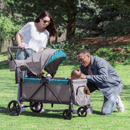 Jeep Sport All-Terrain Stroller Wagon by Delta Children - Includes Canopy, Parent Organizer, Adjustable Handlebar, Snack Tray & Cup Holders, Grey/Blue Moon