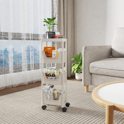 Nervure 4-Tier Plastic Rolling Utility Cart - Multifunctional Storage Cart with Lockable Wheels, Storage Cart Organizer for Bedroom, Living Room, Kitchen, Bathroom, Office, Light Gray
