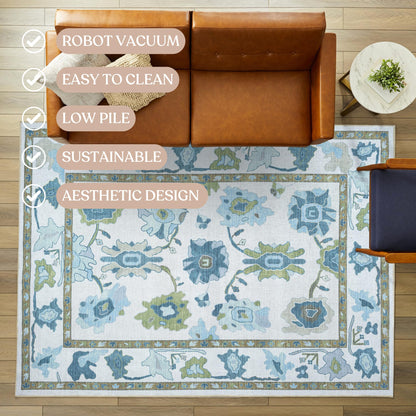 Fame Living Green Oushak Rug, Modern, Vintage, Turkish, Eclectic, Floral, Pastel, Washable, Area Rugs for Living Room, Dining, Bedroom, Nursery, Girls, Boys, 5'9"x8'9"