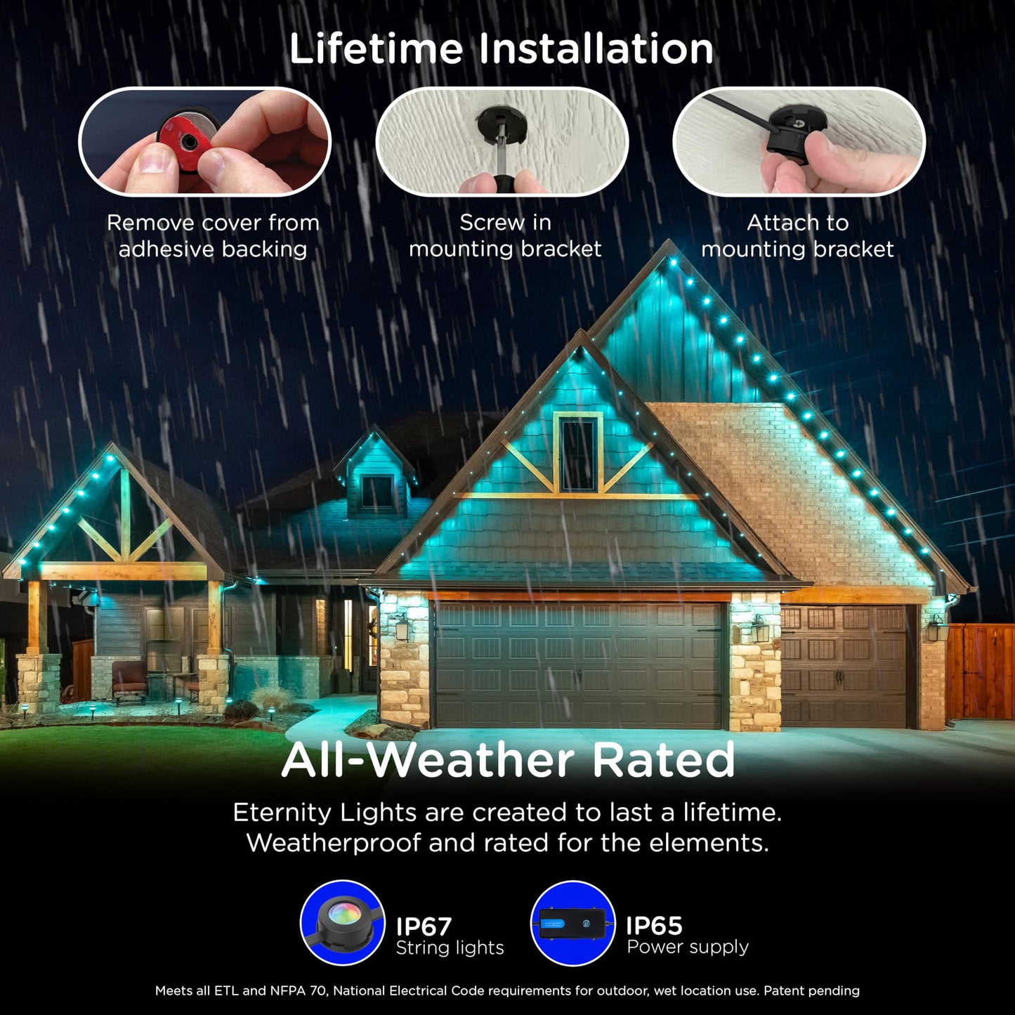 Enbrighten Eternity Permanent Outdoor Lights, 100ft, 72 RGBWIC LEDs, Black Eave Lights, Halloween Decor, Christmas Lights, Everyday Accent Lights, IP67 Waterproof, Works with Alexa, Google Home, 82730