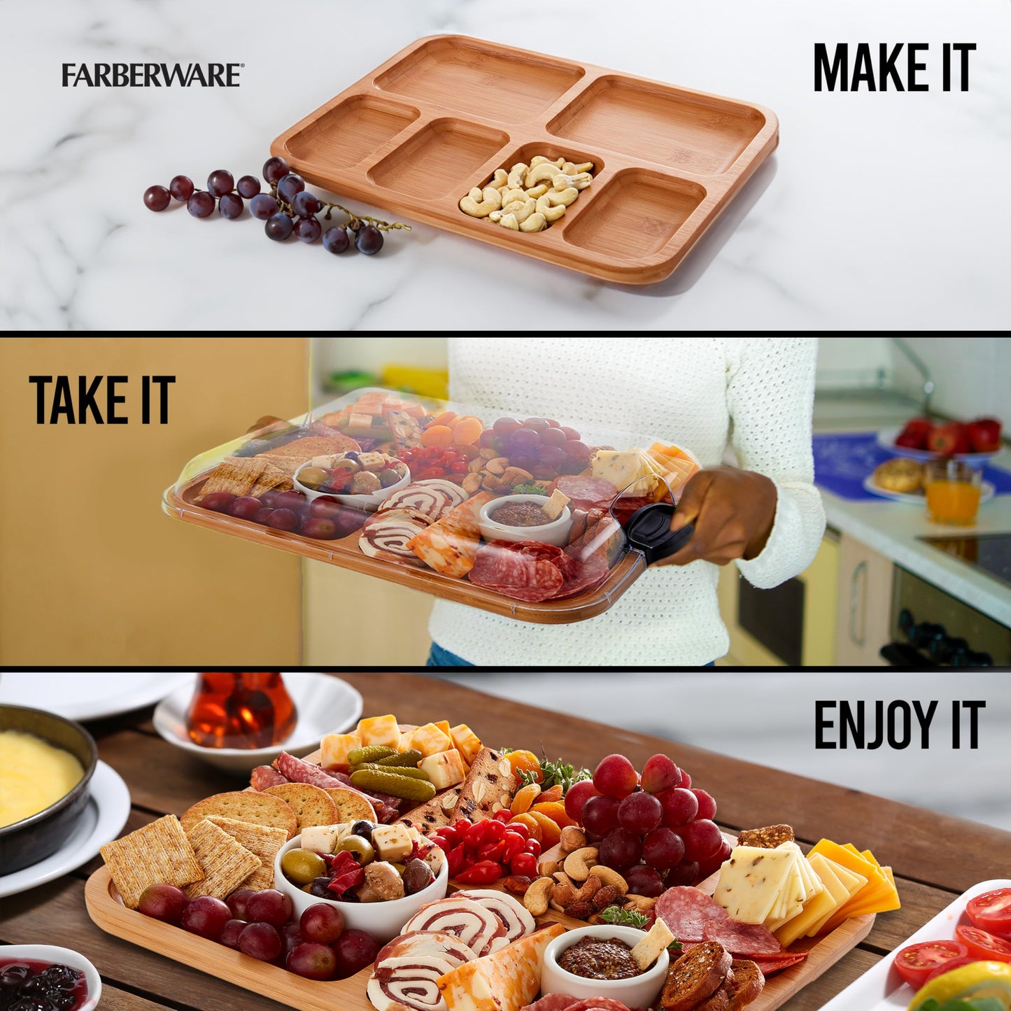 FARBERWARE Build-a-Board Cutting Board with Compartments and Clear Locking Lid for Charcuterie, Snacks, Bamboo