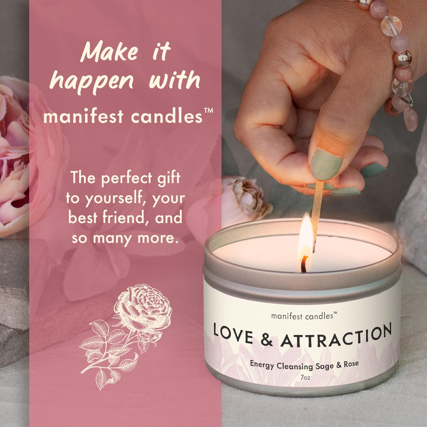 Manifest Candles Love Candle to Attract Love, 45 Hour Burn, Sage & Rose Candle, Romantic Candles, Spiritual Meditation Candles with Manifestation Crystals Bracelets for Women