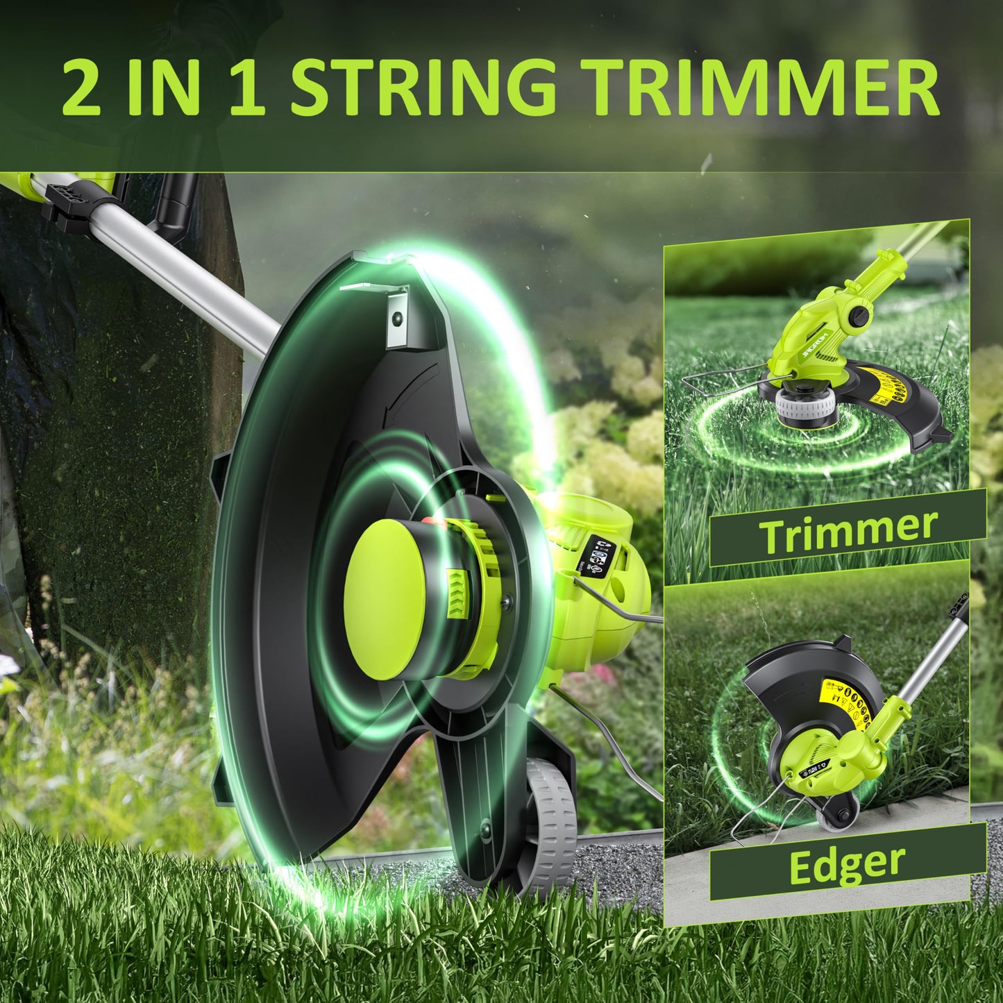 JAGROM Electric String Trimmer Cordless with 2x2.0Ah Battery, 20V Battery Powered 12-inch Lawn Mover & Edger Lawn Tool with Charger, Powered Grass Trimmer with 8pcs Spool Line for Yard, Garden, Green