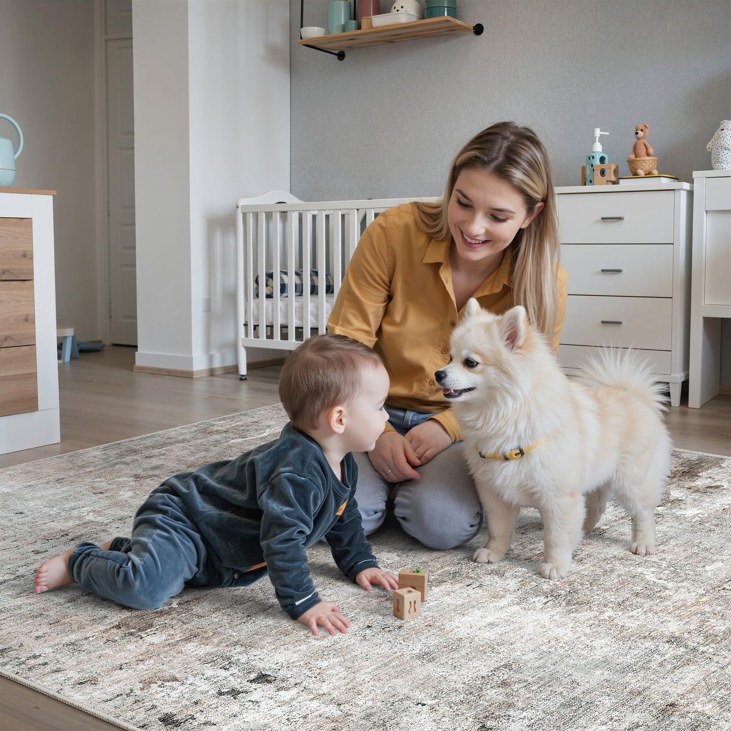 Soalmost Abstract Rug 8x10 Large Living Room Rugs Neutral Modern Washable Area Rugs for Bedroom Dining Room Non-Slip Stain Resistant Foldable Thin Rug Grey Pink