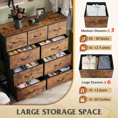 WLIVE 9-Drawer Dresser, Fabric Storage Tower for Bedroom, Hallway, Closet, Tall Chest Organizer Unit with Fabric Bins, Steel Frame, Wood Top, Easy Pull Handle, Rustic Brown Wood Grain Print
