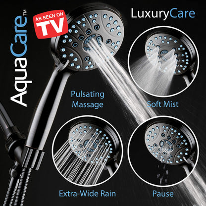 AquaCare High Pressure 8-mode Handheld Shower Head - Anti-clog Nozzles, Built-in Power Wash to Clean Tub, Tile & Pets, Extra Long 6 ft. Stainless Steel Hose, Wall & Overhead Brackets - 1.8 GPM