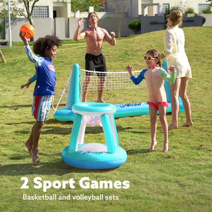 JOYIN Inflatable Pool Float Set Volleyball Net & Basketball Hoops, Floating Swimming Game Toy for Kids and Adults, Summer Floaties, Volleyball Court (105”x28”x35”)|Basketball (27”x23”x27”),L-Blue