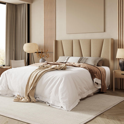 Allewie Queen Size Platform Bed Frame with Geometric Wingback Headboard, Modern Upholstered Bed with Wooden Slats Support, No Box Spring Needed, Easy Assembly, Beige