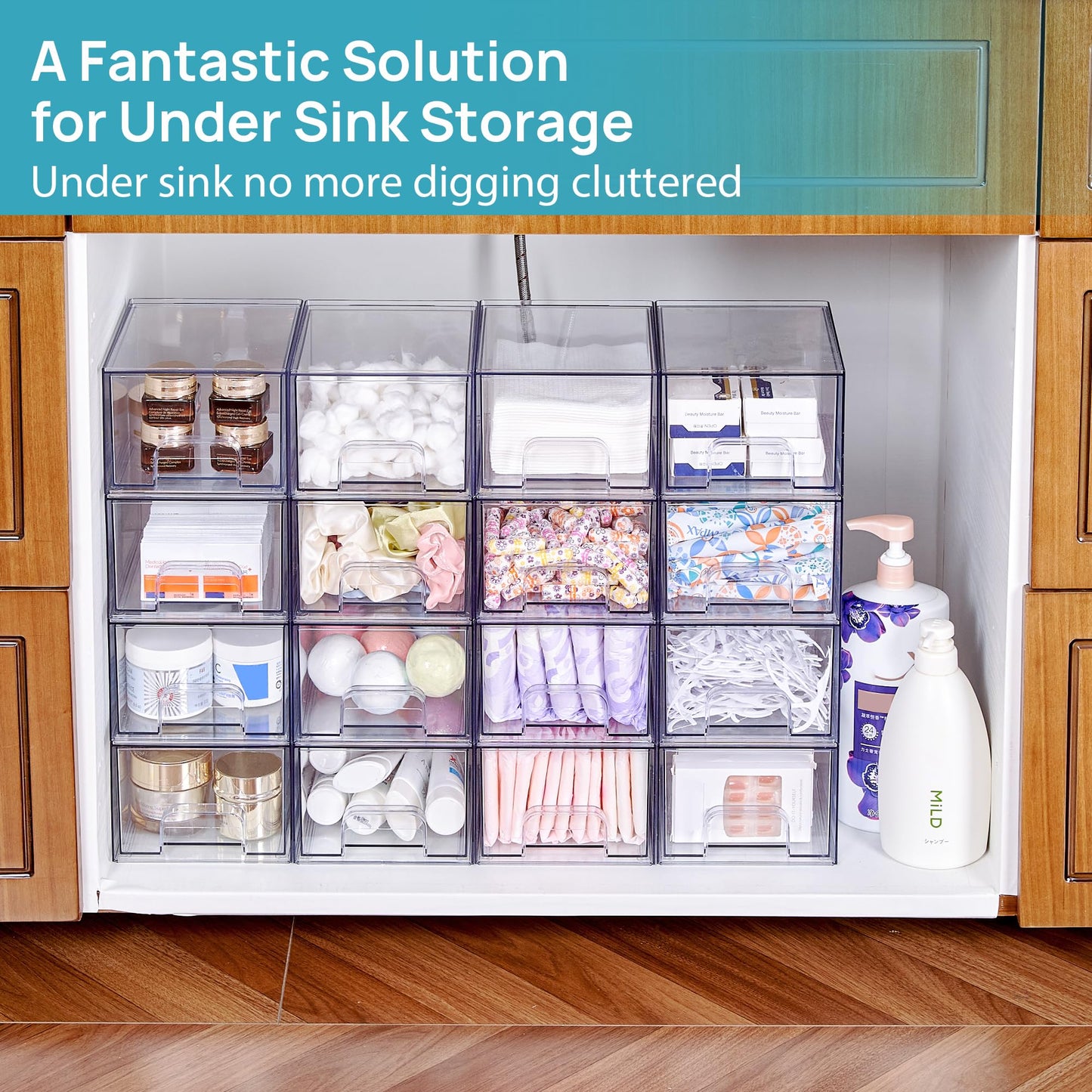 Vtopmart 2 Pack Small Clear Stackable Storage Drawers,Acrylic Bathroom Makeup Organizer,Plastic Storage Bins For Vanity, Undersink, Kitchen Cabinets, Pantry, Home Organization