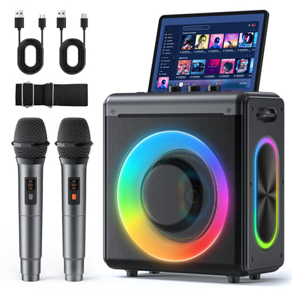Karaoke Machine with 2 Wireless Rechargeable Microphones: Portable Bluetooth Speaker for Adults & Kids - PA System with Lights Supports TWS/TF Card/USB/AUX for Home Party