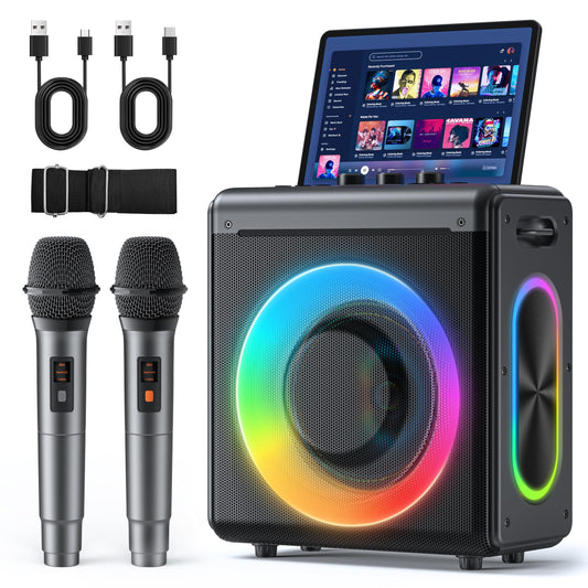 Karaoke Machine with 2 Wireless Rechargeable Microphones: Portable Bluetooth Speaker for Adults & Kids - PA System with Lights Supports TWS/TF Card/USB/AUX for Home Party
