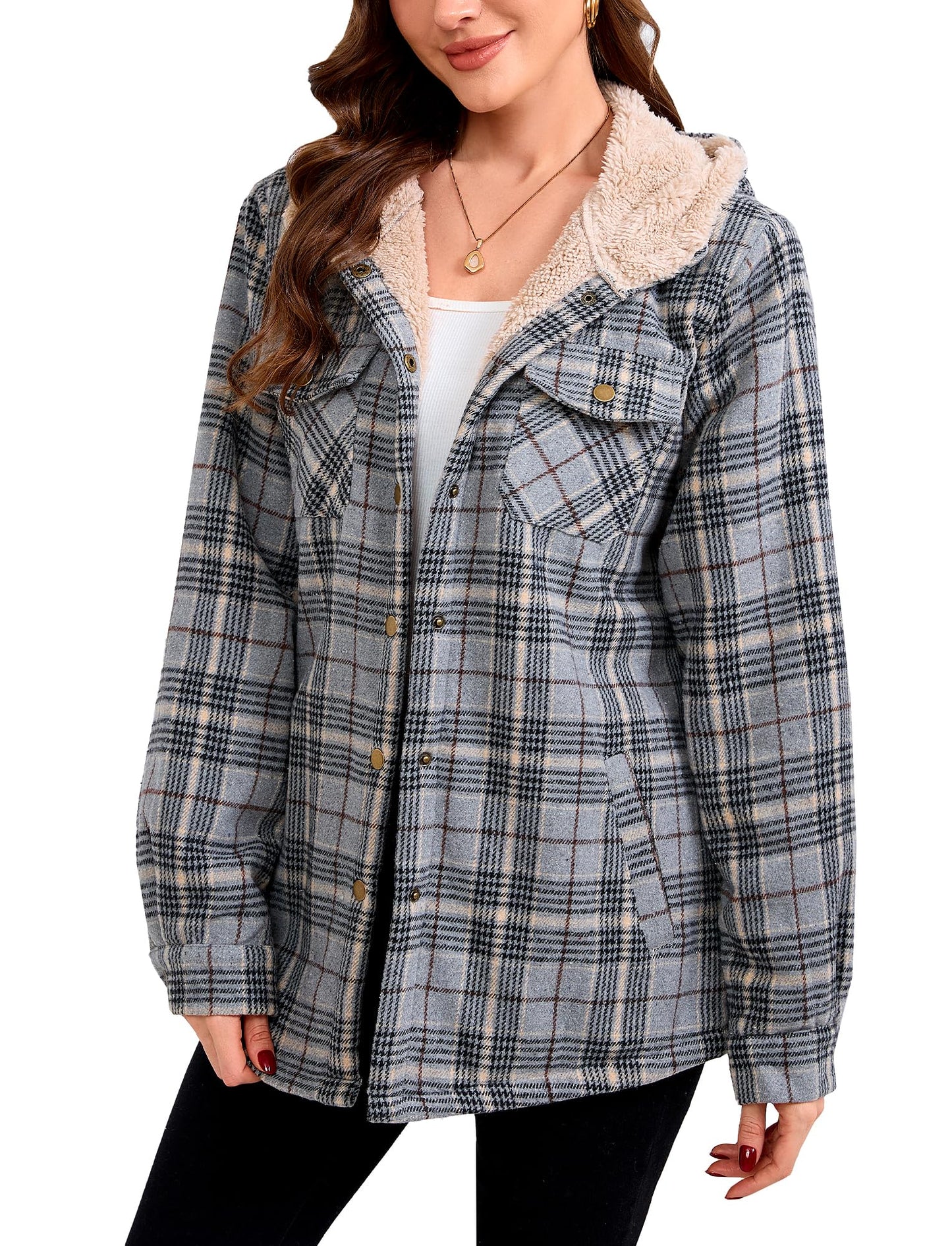 Elesuit Women's Fleece Flannel Jacket Plaid Sherpa Lined Jacket Long Sleeve Button Down Hooded Jackets for Women Grey Black X-large
