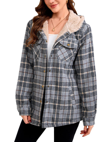 Elesuit Women's Fleece Flannel Jacket Plaid Sherpa Lined Jacket Long Sleeve Button Down Hooded Jackets for Women Grey Black X-large