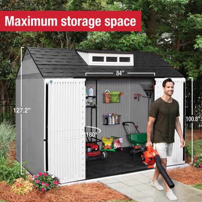 Rubbermaid Extra Large Resin Outdoor Storage Shed With Floor (7 x 10 Ft.), Weather Resistant, Brown, Organization for Home/Lawn Mower/Backyard Equipment/Bike Storage/Pool Supplies