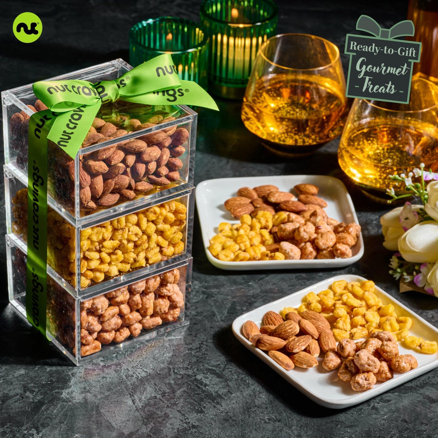 NUT CRAVINGS - Easter Mixed Nuts Acrylic Tower Gift Basket with Ribbon (3 Tier Assortment) Ramadan Gifts Treats for Adults, Food Arrangement, Healthy Snack Care Package, Kosher