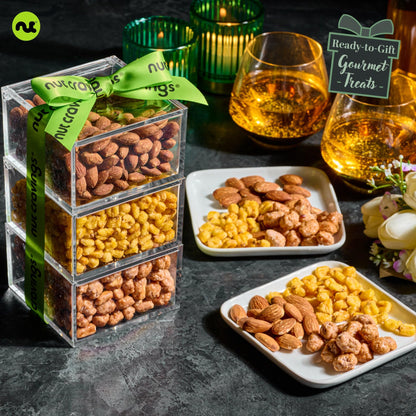 NUT CRAVINGS - Easter Mixed Nuts Acrylic Tower Gift Basket with Ribbon (3 Tier Assortment) Ramadan Gifts Treats for Adults, Food Arrangement, Healthy Snack Care Package, Kosher