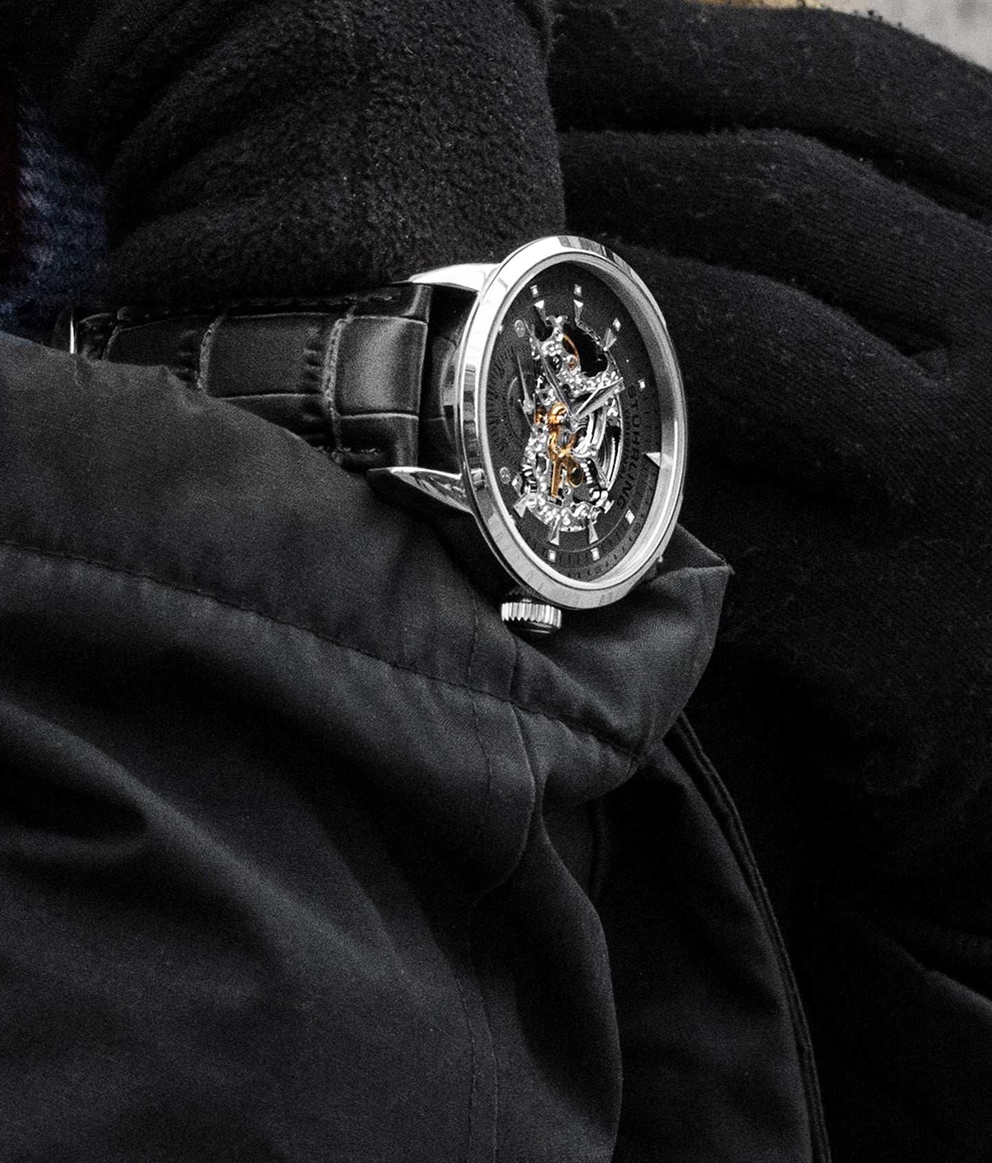 Stuhrling Original Mens Watch-Automatic Skeleton Dial - Black Leather Watch Strap Mechanical Watch Silver Executive (Black)