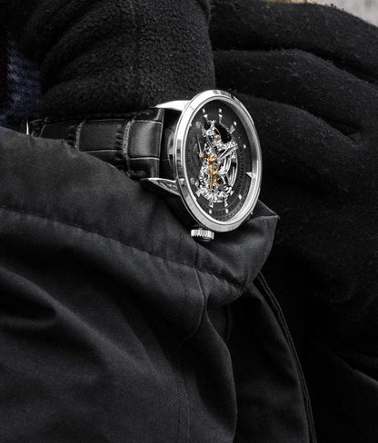 Stuhrling Original Mens Watch-Automatic Skeleton Dial - Black Leather Watch Strap Mechanical Watch Silver Executive (Black)