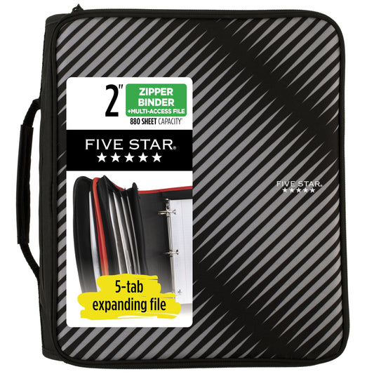 Five Star Zipper Binder, 2 Inch 3-Ring Binder with Round Rings, 5-Tab Expanding File, 380 Sheet Capacity, Black (72536)