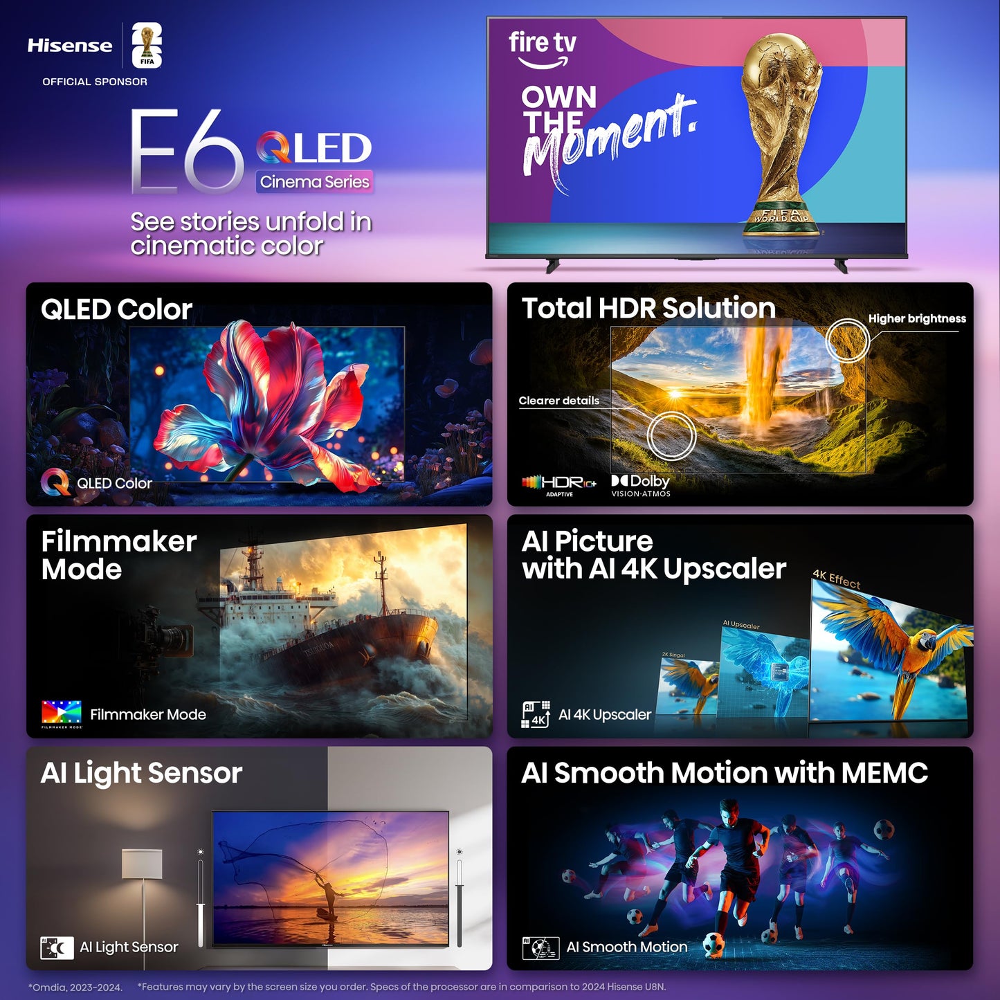 Hisense 43" E6 Cinema Series QLED 4K UHD Smart Fire TV (43E6QF, 2025 Model) - QLED, AI Light Sensor, Dolby Vision · Atmos, Voice Remote with Alexa, Motion Rate 120, HDR 10+ Adaptive, Game Mode Plus