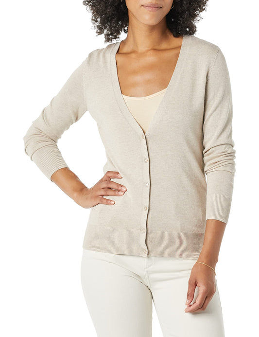 Amazon Essentials Women's Lightweight V-Neck Cardigan Sweater (Available in Plus Size), Light Oatmeal, Large
