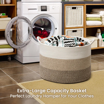 Large Woven Cotton Rope Storage Basket with Handles - Modern Round Laundry Hamper & Blanket Organizer for Nursery, Bedroom, Baby Toys, Pillows, Home Décor, 20"x13"
