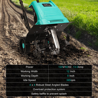 IncwBo 13.5 Amp 12 Inch Electric Tiller/Cultivator with 4 Steel Tines, 8'' Tilling Depth Small Garden Tiller for Gardening, Corded Rototiller with Adjustable Wheels