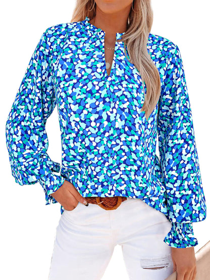 MASCOMODA Womens V Neck Floral Long Sleeve Tops 2024 Summer Casual Loose Puff Sleeve Chiffon Boho Work Blouse Dressy T Shirts(Blue,Small)