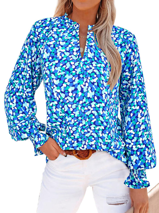 MASCOMODA Womens V Neck Floral Long Sleeve Tops 2024 Summer Casual Loose Puff Sleeve Chiffon Boho Work Blouse Dressy T Shirts(Blue,Small)