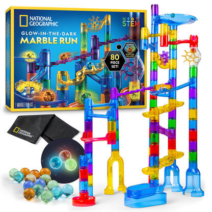 NATIONAL GEOGRAPHIC Glowing Marble Run – Construction Set with 15 Glow in The Dark Glass Marbles & Storage Bag, STEM Gifts for Boys and Girls, Building Project Toy (Amazon Exclusive)