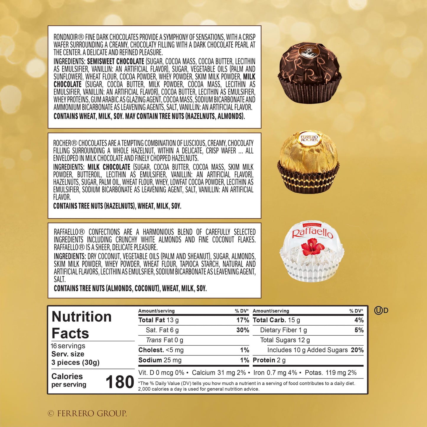 Ferrero Rocher, 48 Count, Premium Gourmet Assorted Hazelnut Milk Chocolate, Dark Chocolate and Coconut Chocolates, Chocolate Gift Box, 18.2 oz