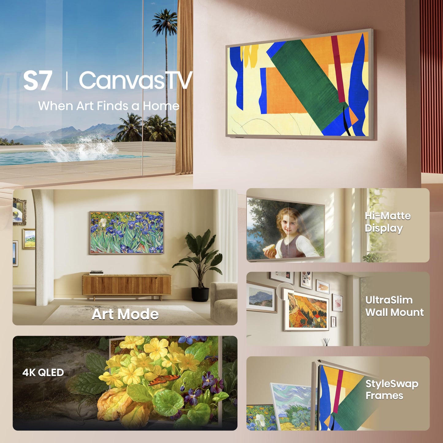 Hisense 85-Inch Class QLED 4K S7N CanvasTV Series Dolby Vision HDR Google Smart TV (85S7N, 2025 Model) - 144Hz, Art Mode, Anti-Glare Panel, Hi-Matte Display, UltraSlim Wall Mount & Frame Included