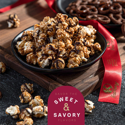 KREMERY Creamy Chocolate Cravings Easter Chocolate Covered Pretzels, Nuts, Candy & Caramel Popcorn (Deluxe, 3.5 lbs) Sweet Treats in Seagrass Tray with Ribbon Kosher