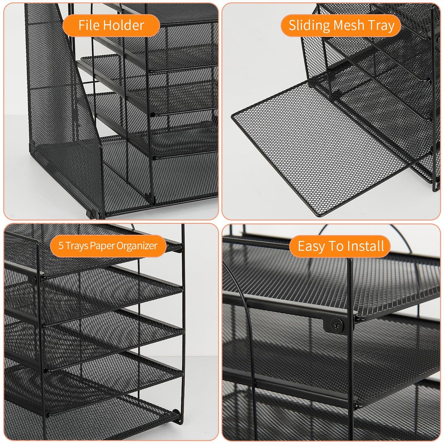 LEKETREE Desk Organizers and Accessories, 5-Tier Paper Letter Tray Organizer with File Holder, Desktop Organizer for Office Supplies (Black)