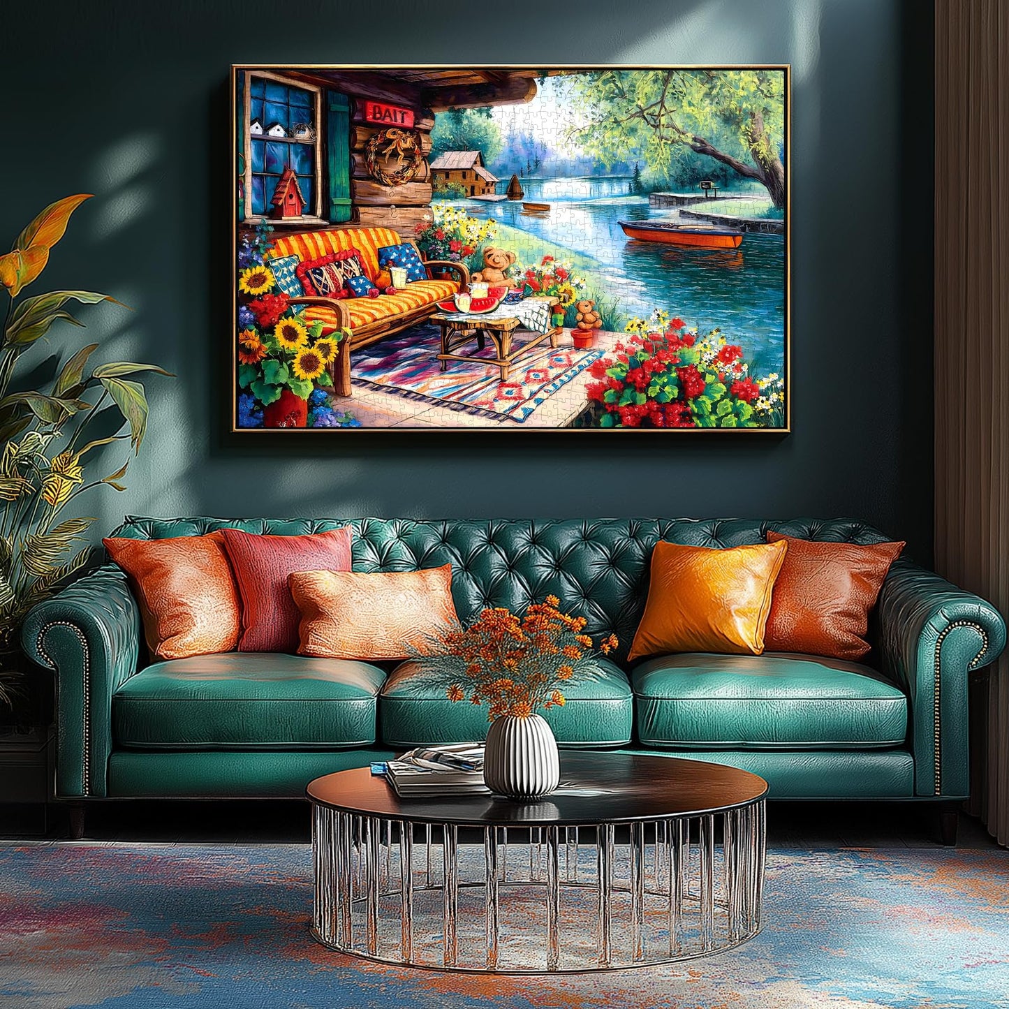 Lake House 1000 Piece Puzzle for Adults Summer Lakeside Retreat Jigsaw Puzzle Cozy Cabin Dock Sunflowers Boat Beautiful Landscape Challenging Adult Puzzles for Game Night (27.6"x19.7")