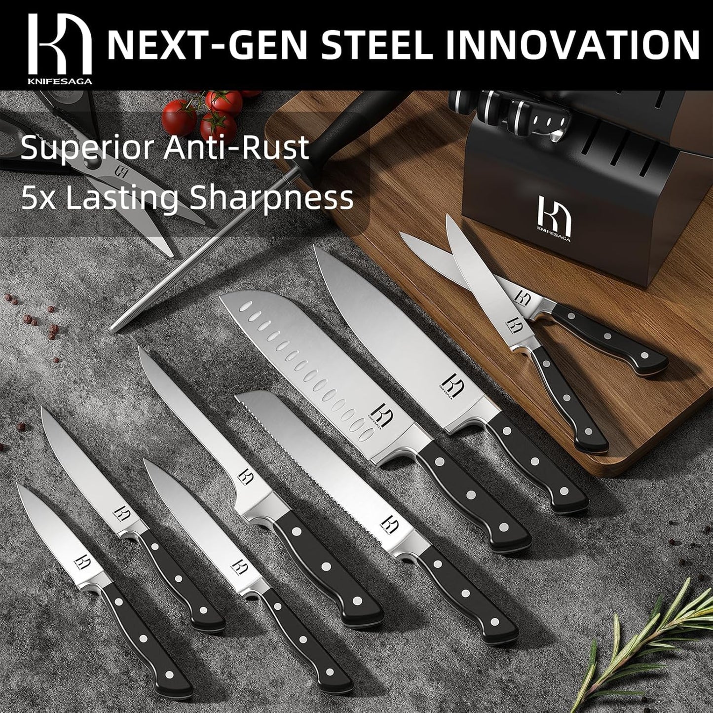 KnifeSaga Knife Set, 15 Pcs Kitchen Knife Block Set, Enduring Razor-Sharp High Carbon Stainless Steel Chef Knife Set with Block and Sharpener, Premium Black Knives Set for Kitchen Valentine's Gift