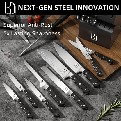 KnifeSaga Knife Set, 15 Pcs Kitchen Knife Block Set, Enduring Razor-Sharp High Carbon Stainless Steel Chef Knife Set with Block and Sharpener, Premium Black Knives Set for Kitchen Valentine's Gift
