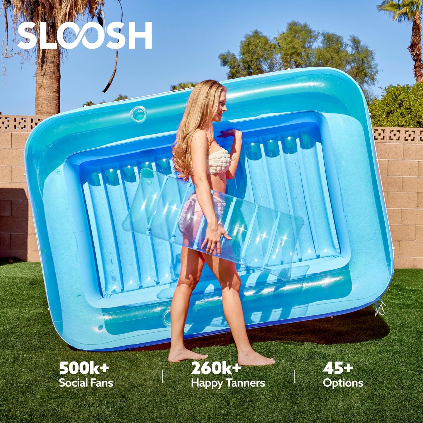SLOOSH Inflatable Tanning Pool Lounger Float, 85" x 57" Extra Large Pool Floats Adult with Pillow, 4 in 1 Suntan Tub Raft Floatie,Sunbathing Bed Lounge for Water Blow Up Ball Pit Party Gifts, XL-Blue