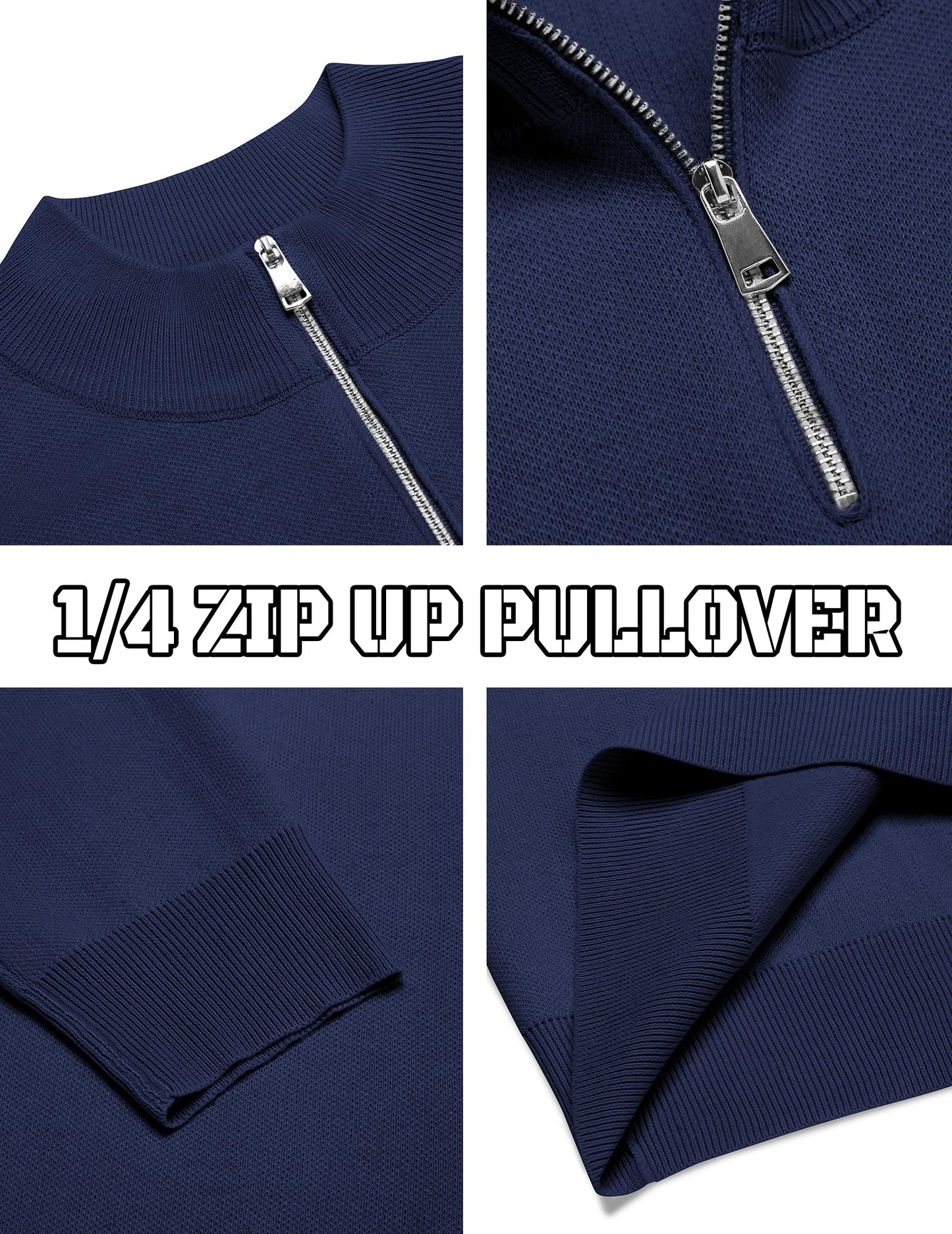 COOFANDY Mens Half Zip Sweaters Slim Fit Long Sleeve Texture Knitted Pullover Sweaters with Zipper Navy Blue XX-Large