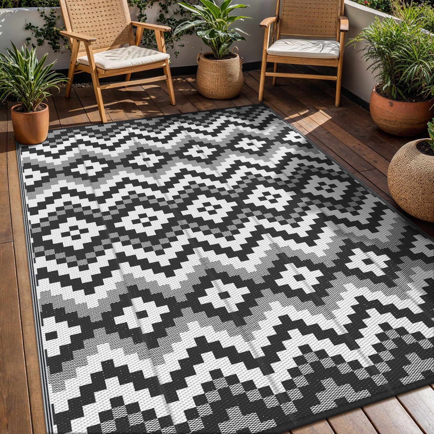 GENIMO Outdoor Rug Waterproof 5x8 ft, Lightweight Plastic Straw Rugs, Outside Reversible Area Mat Carpet for Patio, Camping, RV, Deck, Balcony, Porch, Backyard, Black & White