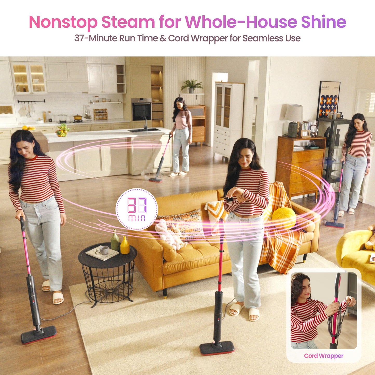 Schenley Steam Mop Cleaner Powerful - 15s Fast Heat-Up, Chemical-Free for Hardwood/Tile/Laminate & Floors/Walls, Washable Pads, 3 Modes for Carpet, Lightweight, Self-Standing, Sleek Design