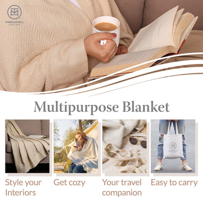 Threadmill Luxury Cotton Blankets for King Size Bed | All-Season Cozy 100% Cotton King Size Blanket | Herringbone Soft Fall Thermal Blanket fits Cal King Size Bed | Tusk White
