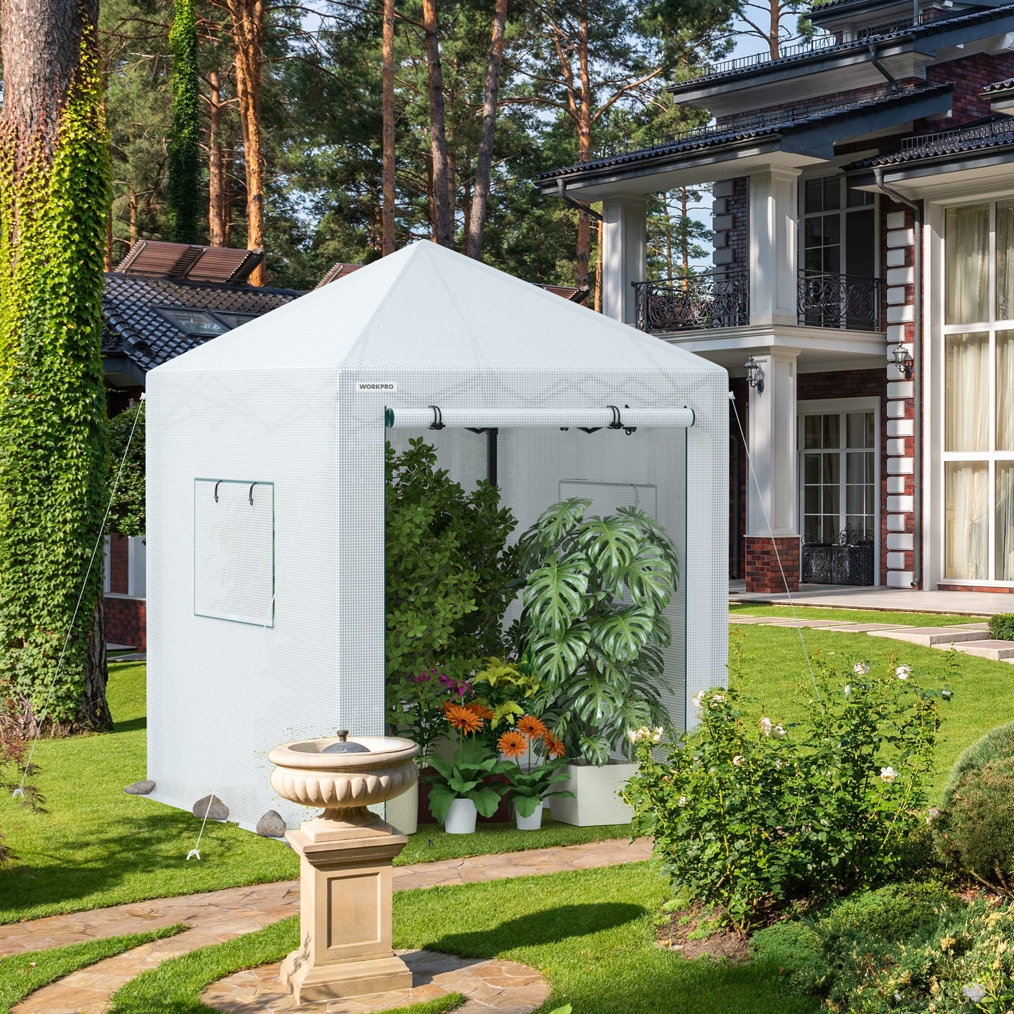 WORKPRO Greenhouse, 94" x70" x98" Instant Pop-up Heavy Duty Gardening Green House Canopy with Robust PE Cover, Indoor Outdoor Plant House Shed with Roll-up Entry Doors and 2 Screen Windows