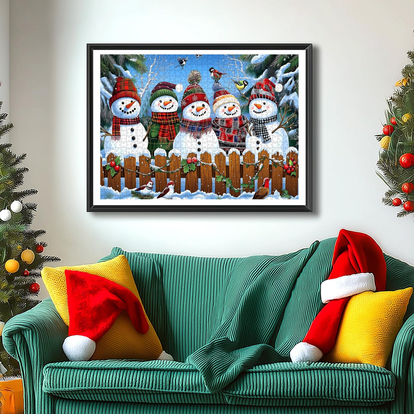 Winter Snowmen Christmas Jigsaw Puzzle 1000 Pieces for Adults Festive Holiday Scene with Birds & Snowy Fence Puzzle with Letters on Back Family Challenge Perfect for Game Night (27.6x19.7 Inch