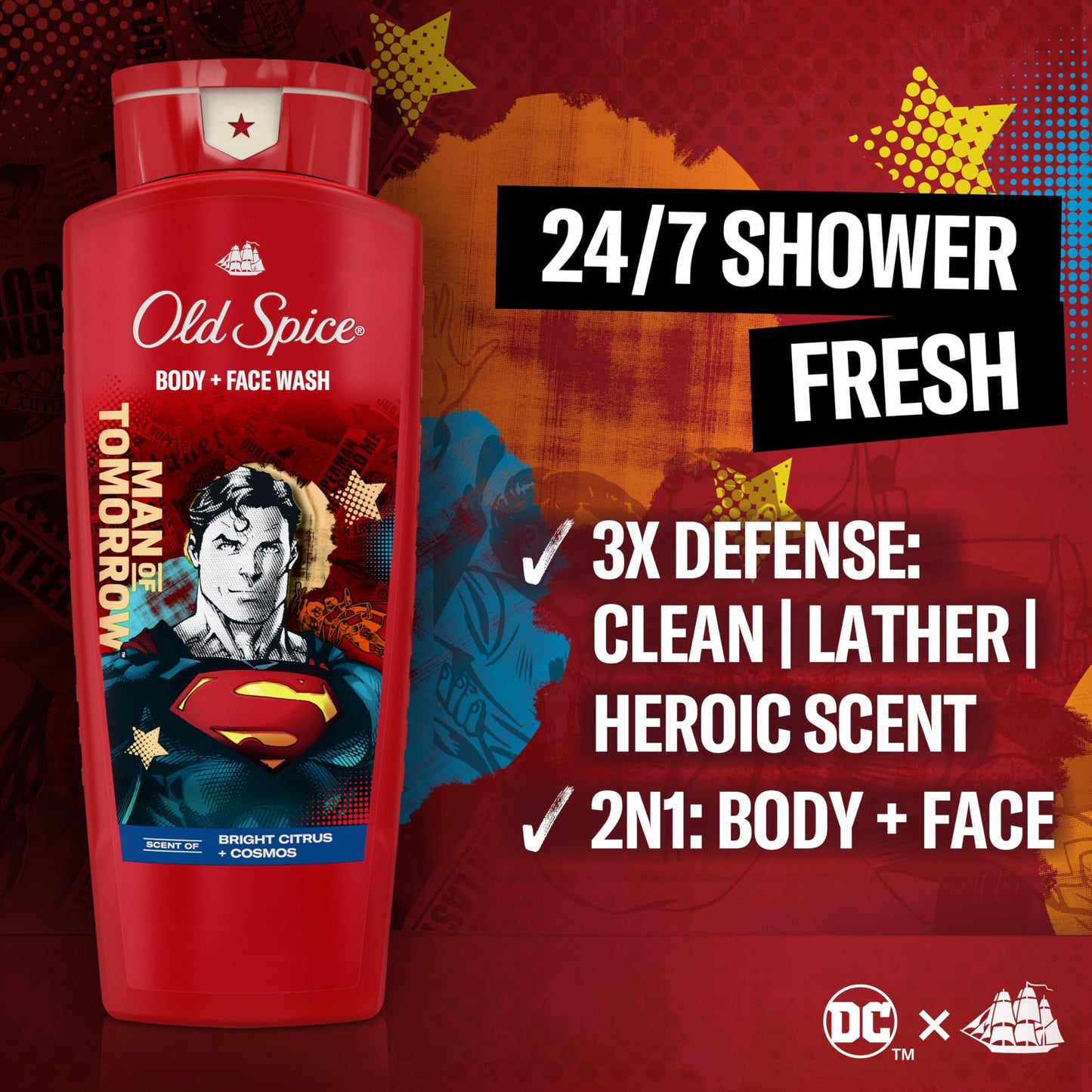 Old Spice Body Wash for Men, Superman: Man of Tomorrow, 3X Defense, 24/7 Shower Fresh with Lasting Scent, Cleansing 2-in-1 Body & Face Wash, Smell Like a Hero, Bright Citrus and Cosmos Scent, 24 oz
