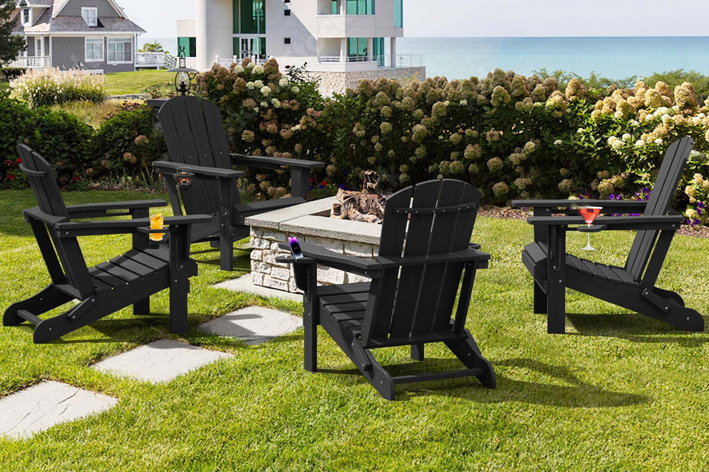 SERWALL HDPE Folding Adirondack Chair with Dual Cup Holder - Composite Adirondack Chair Set of 4- Black