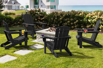 SERWALL HDPE Folding Adirondack Chair with Dual Cup Holder - Composite Adirondack Chair Set of 4- Black