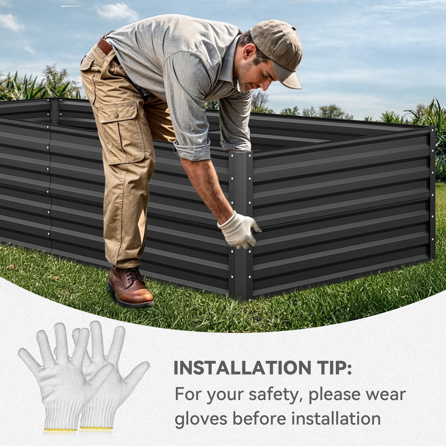 YITAHOME 8x4x2 ft 2pcs Galvanized Raised Garden Bed Kit, Large Metal Planter Box with Gloves, Safety Rubber & Support Rod, Outdoor Flower Bed for Plants Vegetables, Black