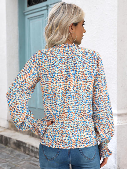 MASCOMODA Womens V Neck Floral Long Sleeve Tops 2024 Summer Casual Loose Puff Sleeve Chiffon Boho Work Blouse Dressy T Shirts(Floral Blue White,Small)