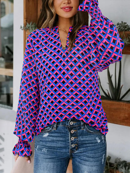 MASCOMODA Womens V Neck Floral Long Sleeve Tops 2024 Summer Casual Loose Puff Sleeve Chiffon Boho Work Blouse Dressy T Shirts(Plaid Blue Pink,X-Large)